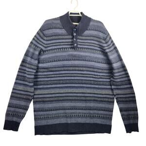 Mutual Weave Henley Sweater Men’s 4XL Navy Gray Striped Fair Isle Knit EUC